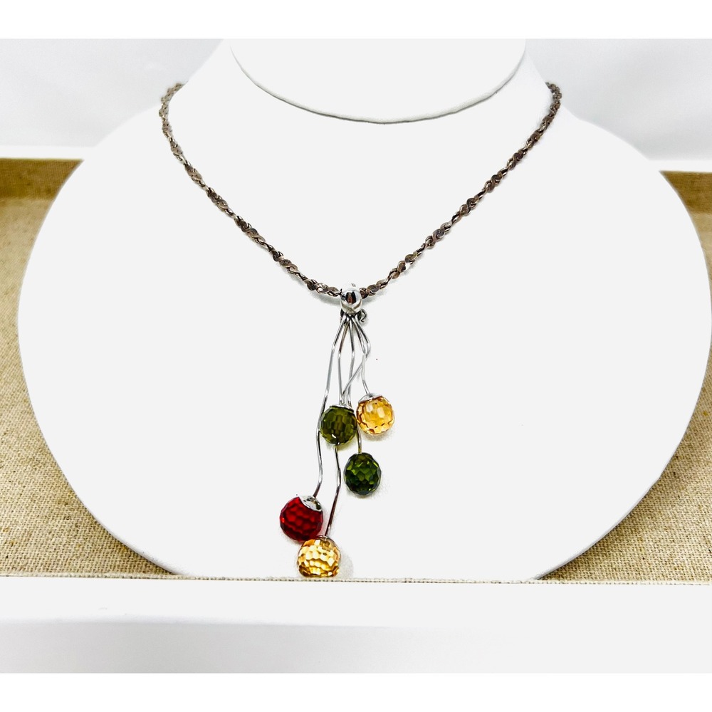 Sterling Silver 925 Multi Gemstone Bead Cascade Pendant Necklace 18.5 Inch